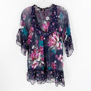 MNG Mango 100% Silk Floral Boho Peasant Blouse Sheer Ruffle Tunic Top Women M